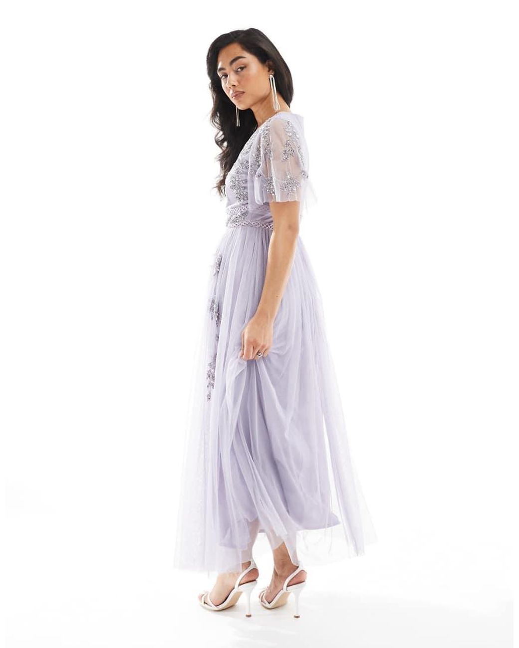 Maya Purple Embellished Short Sleeve Midi Dress
