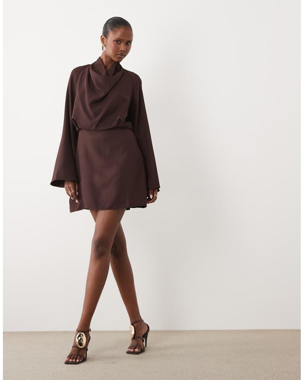 ASOS Brown Cowl Neck Long Sleeve Mini Dress