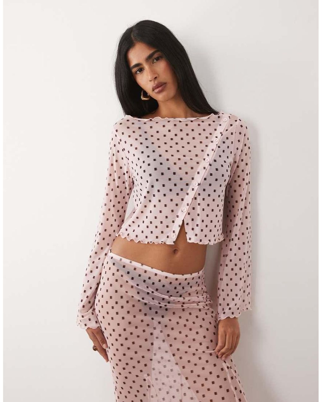 ASOS Pink Co-Ord Printed Mesh Angel Sleeve Button Through Top