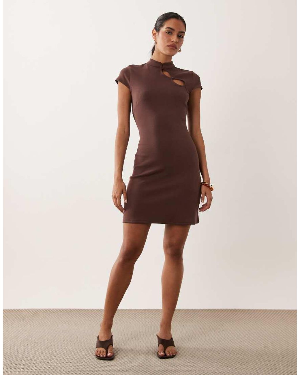 New Look Brown Mandarin Collar Keyhole Mini Dress
