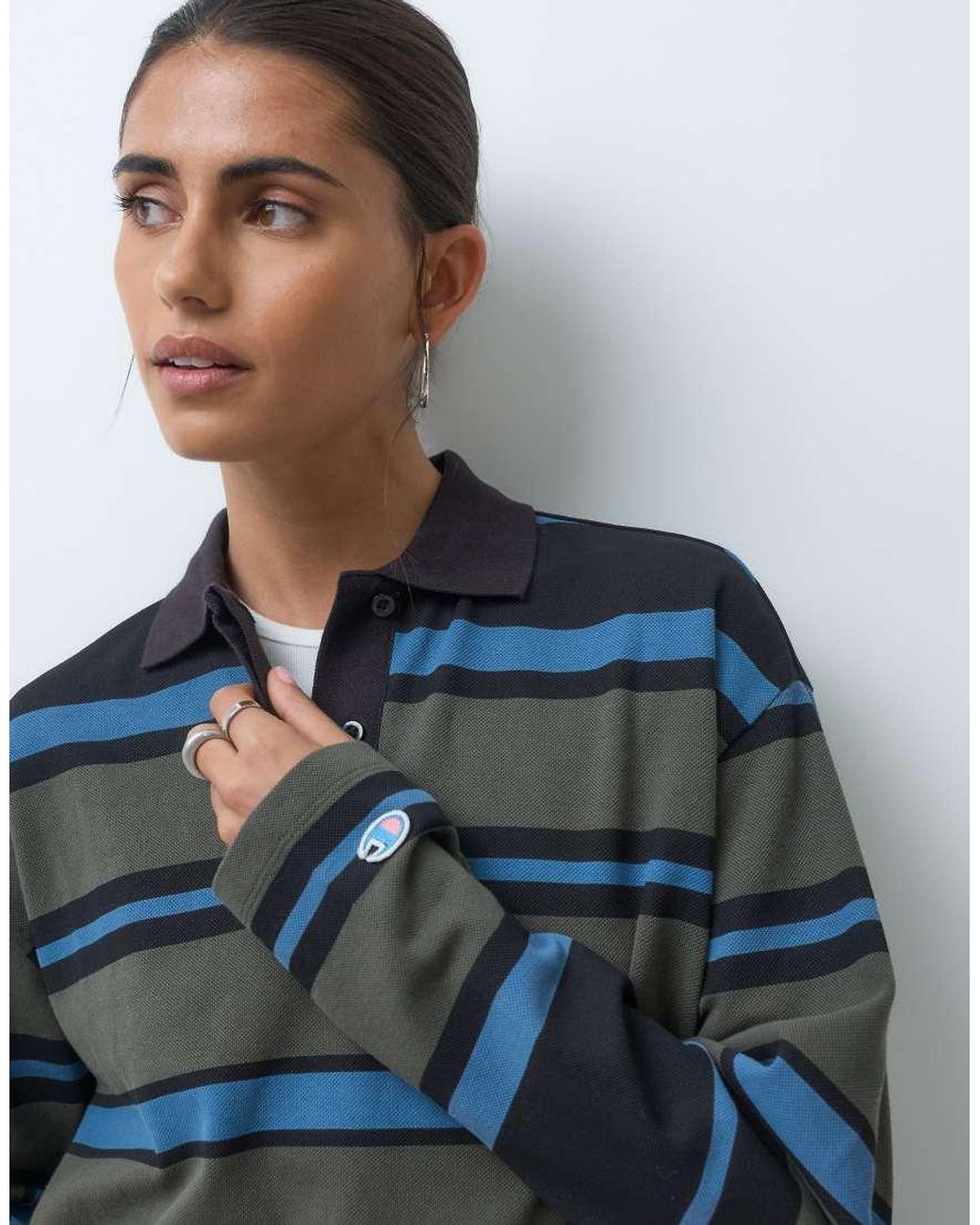 Champion Blue Future Memories Striped Long Sleeve Polo Shirt