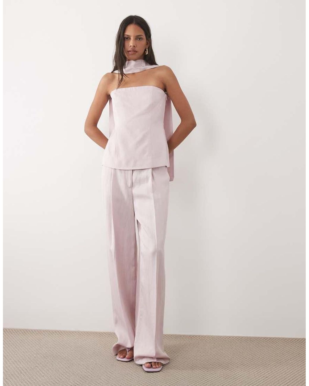 Mango Pink Marina Linen Mix Off Shoulder Top Co-ord With Scarf