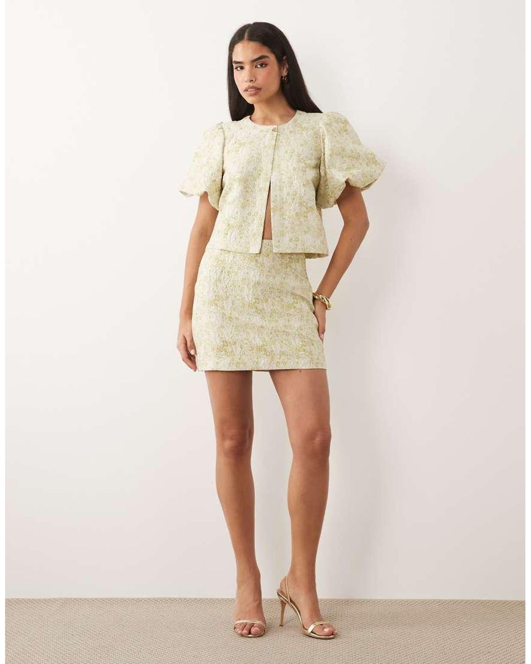 Vila Natural Short Sleeve Tapestry Floral Jacquard Top Co-Ord