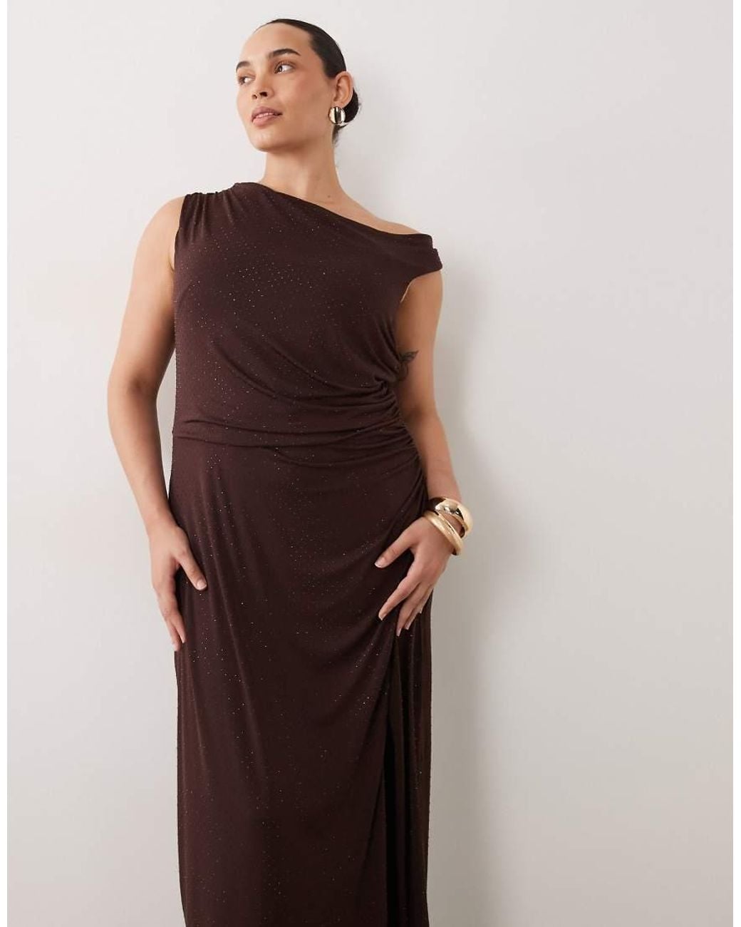 Tfnc Plus Brown Slinky Hotfix Fallen Shoulder Thigh Split Maxi Dress
