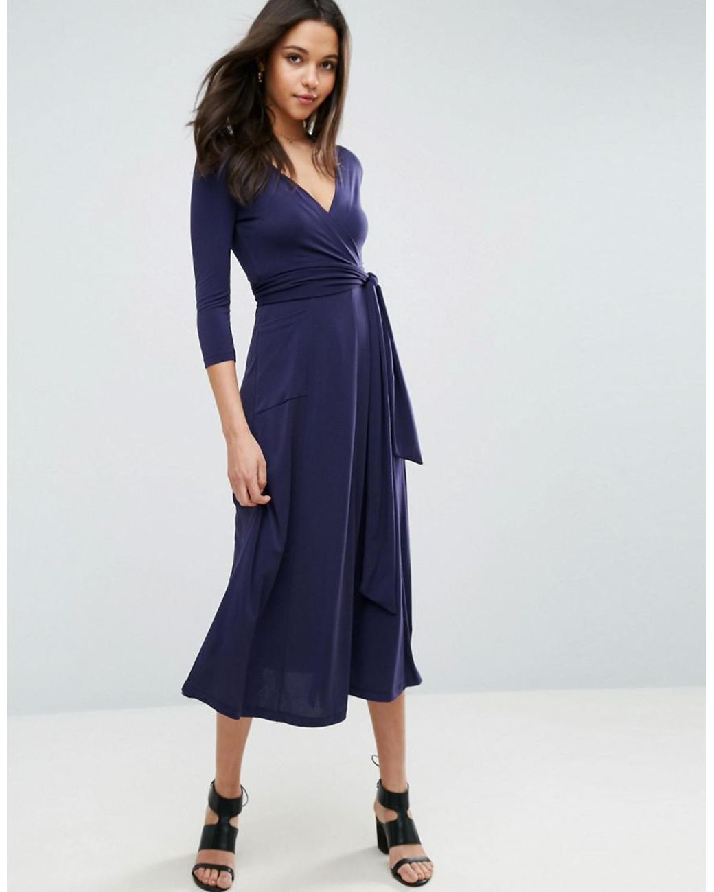ASOS Synthetic Crepe Wrap Midi Dress in Navy (Blue) | Lyst