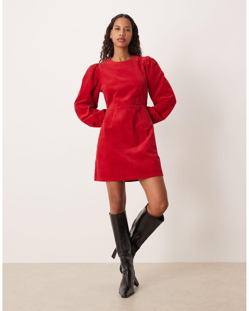 Nobody's Child Red peggy Balloon Sleeve Cord Mini Dress