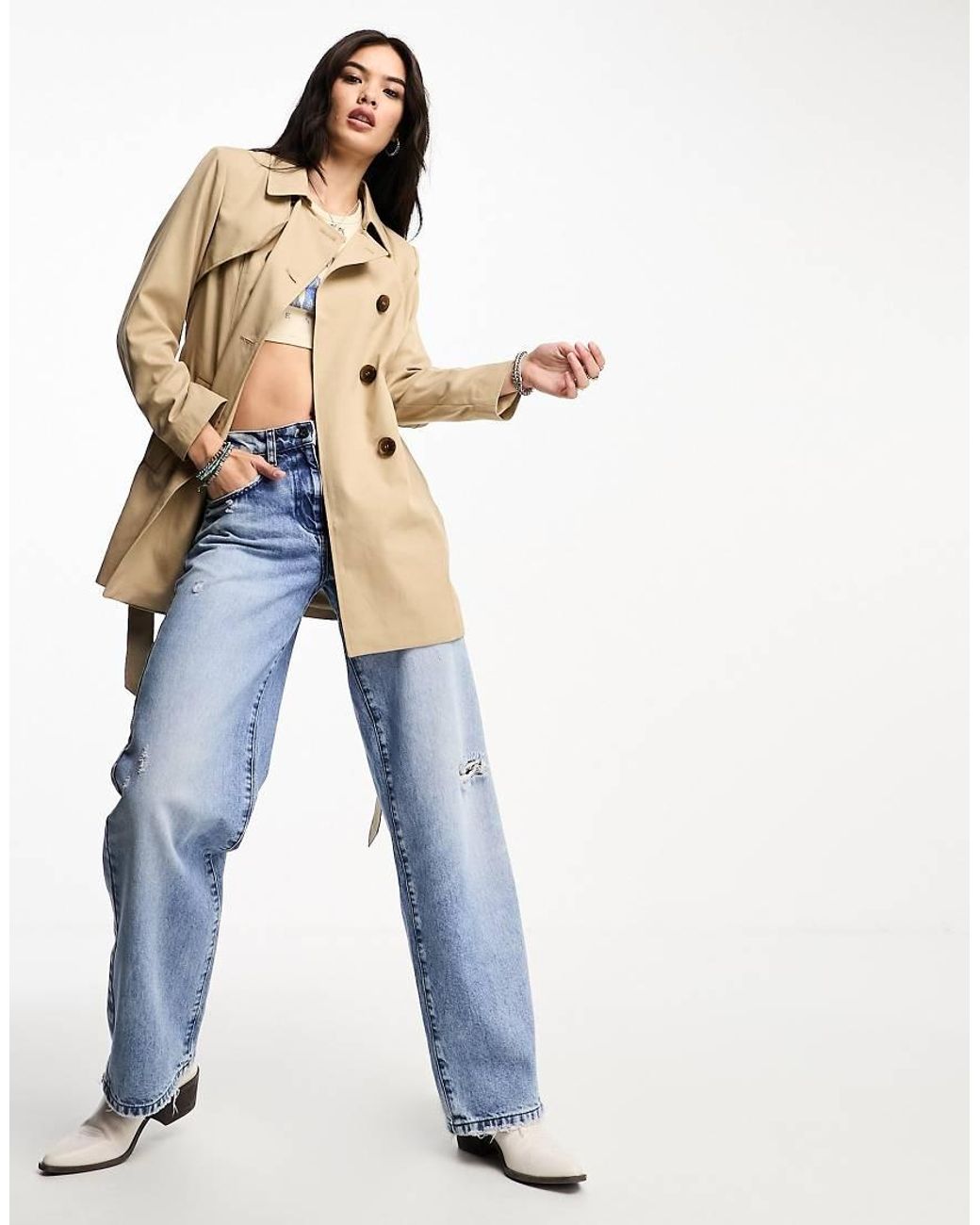ONLY Blue Button Detail Short Trench Coat