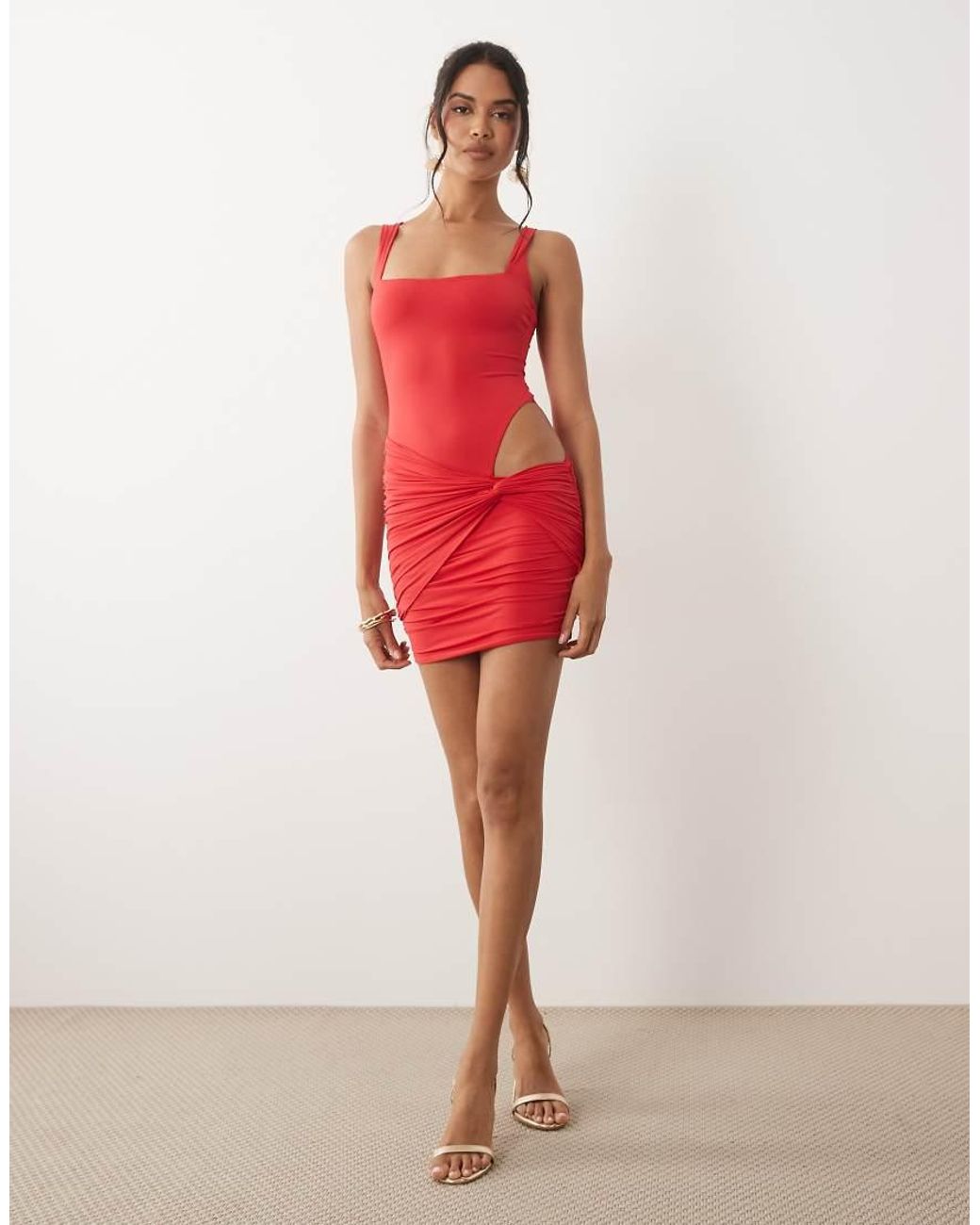 Oh Polly Red Square Neck Cut Out Detail Wrap Skirt Mini Dress