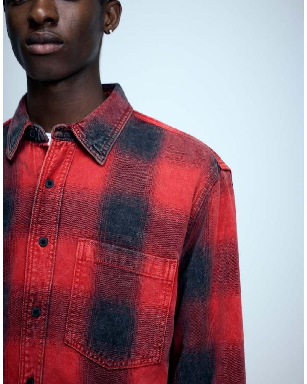 Pull&Bear Red Check Long Sleeve Overshirt for men
