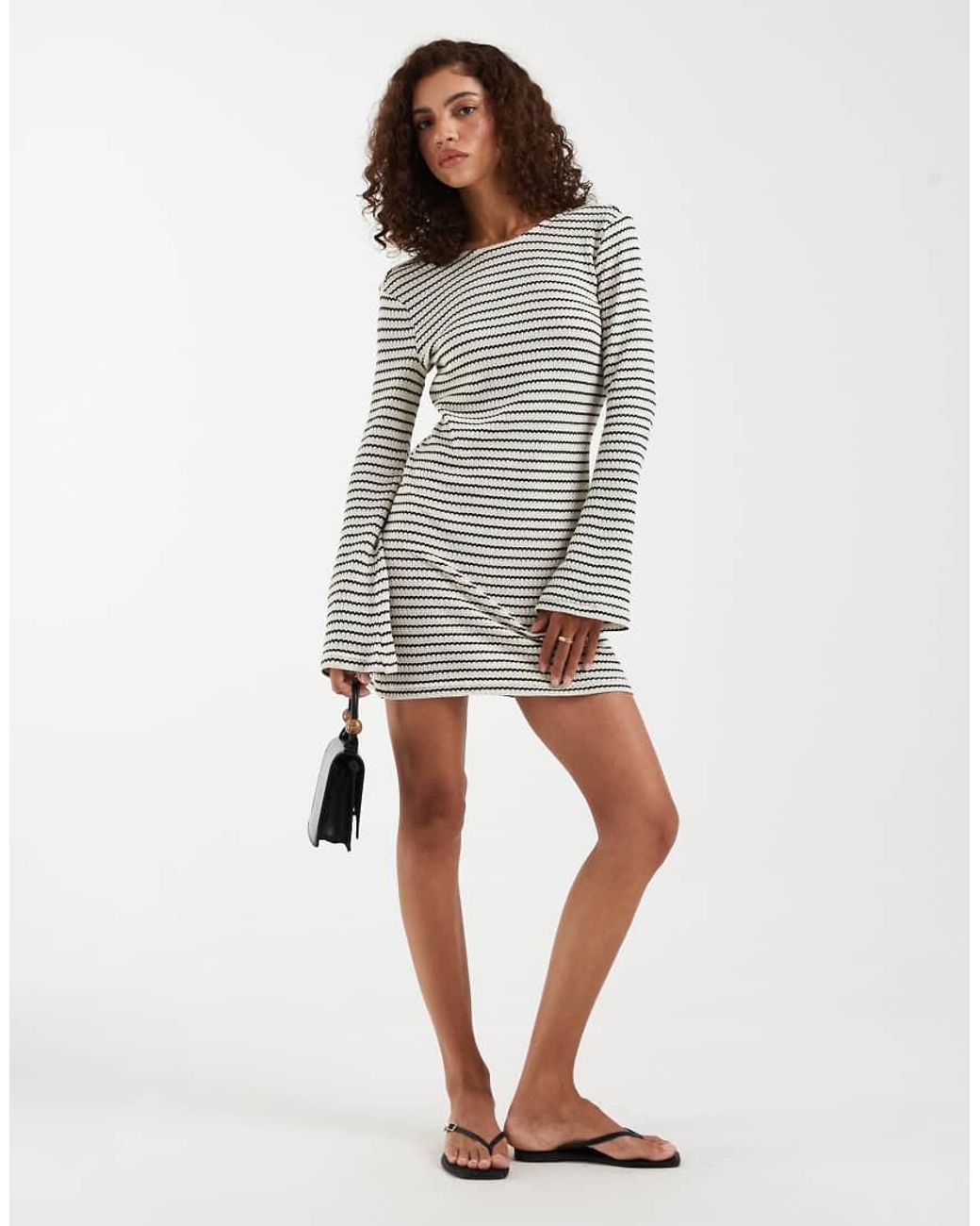 Vero Moda Brown Stretch Crochet Knit Bell Sleeve Mini Dress