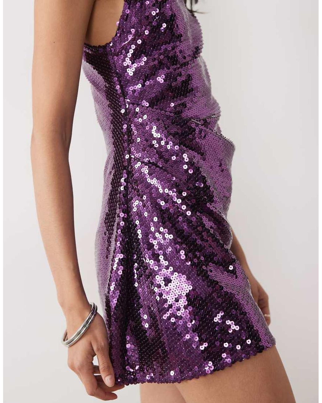 ASOS Purple Embellished Sheer Scatter Sequin Mini Dress With Cowl Neck