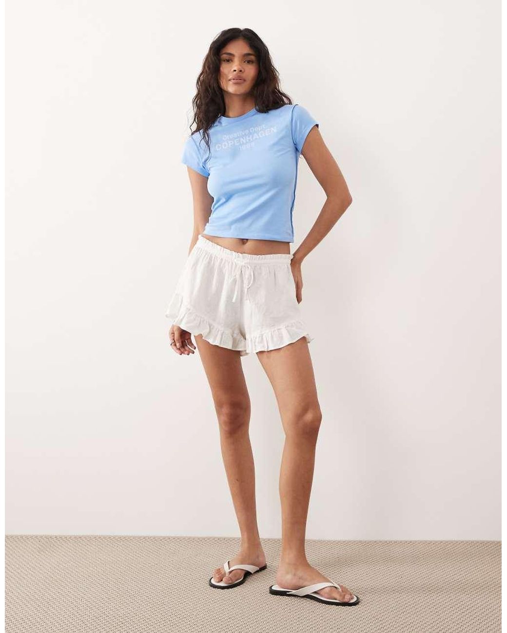 Gina Tricot Blue Pull On Linen Blend Frill Shorts