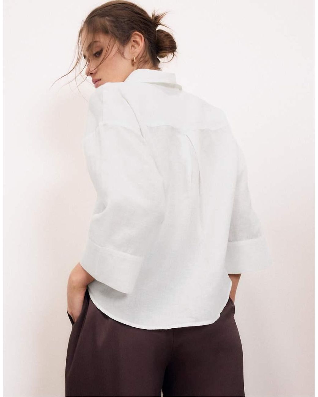 Stradivarius White Linen Blend Kimono Sleeve Shirt