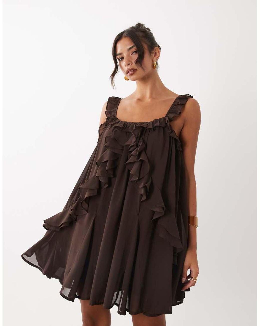 Y.A.S Natural Chiffon Ruffle Trim Cami Mini Dress