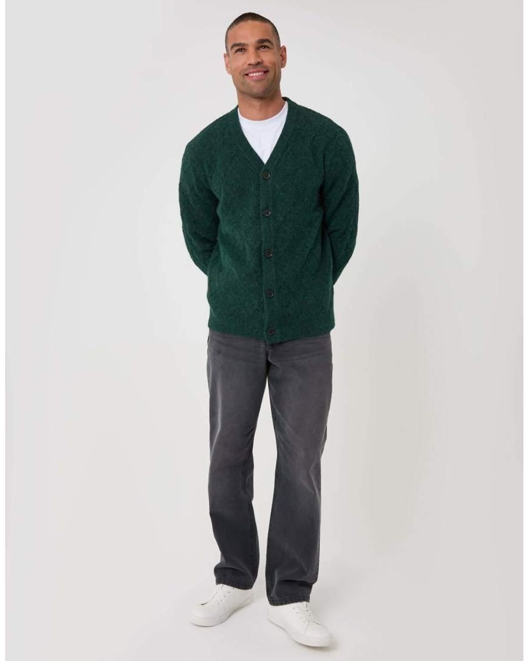 Threadbare Green Diamond Cable Knit V Neck Cardigan for men