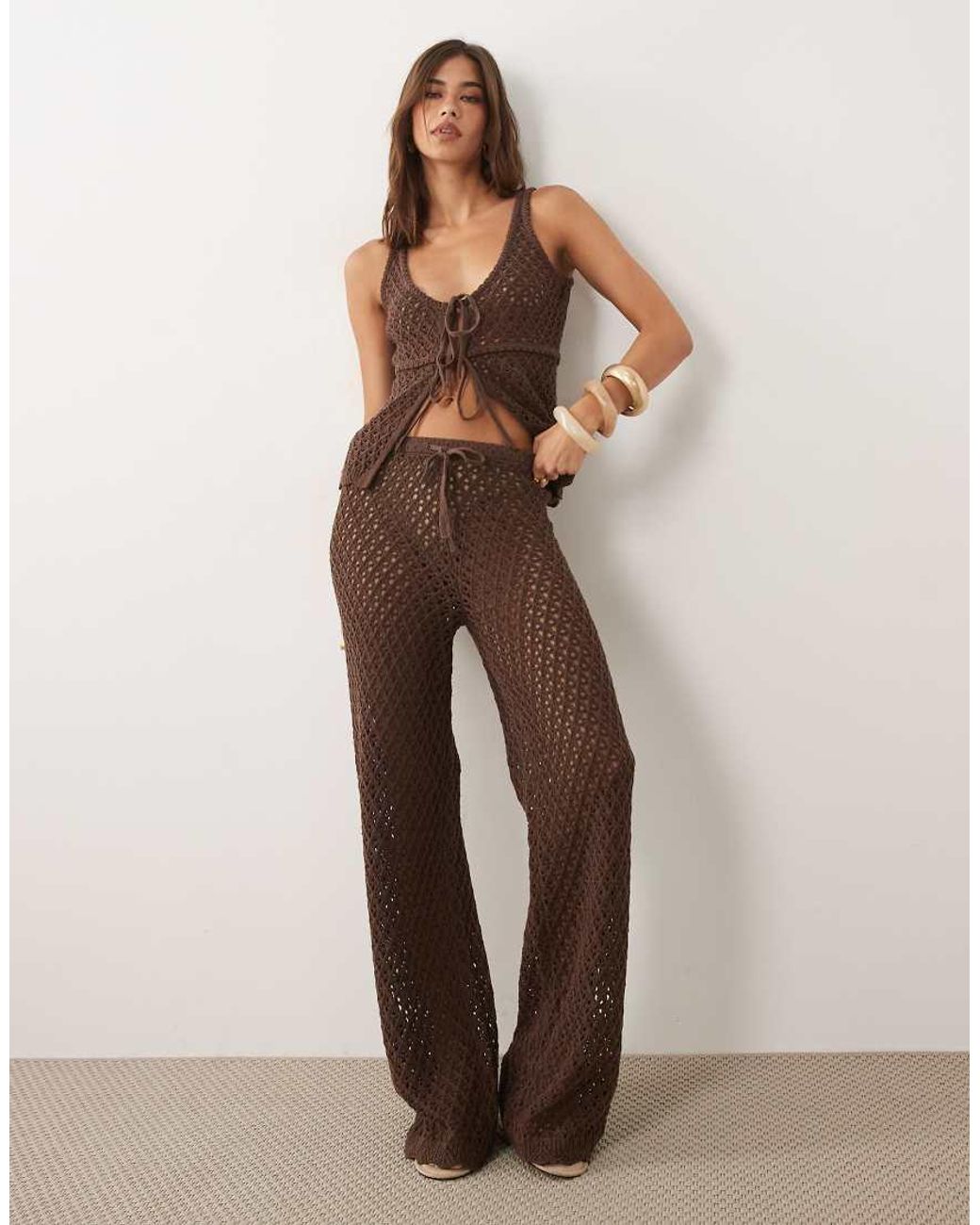 4th & Reckless Brown Cotton Blend Crochet Tie Waist Wide Leg Beach Trousers Co-Ord