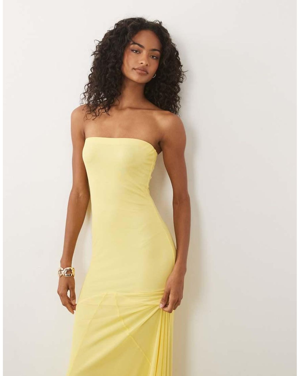 ASOS Yellow Bandeau Mesh Maxi With Godet And Train Detail