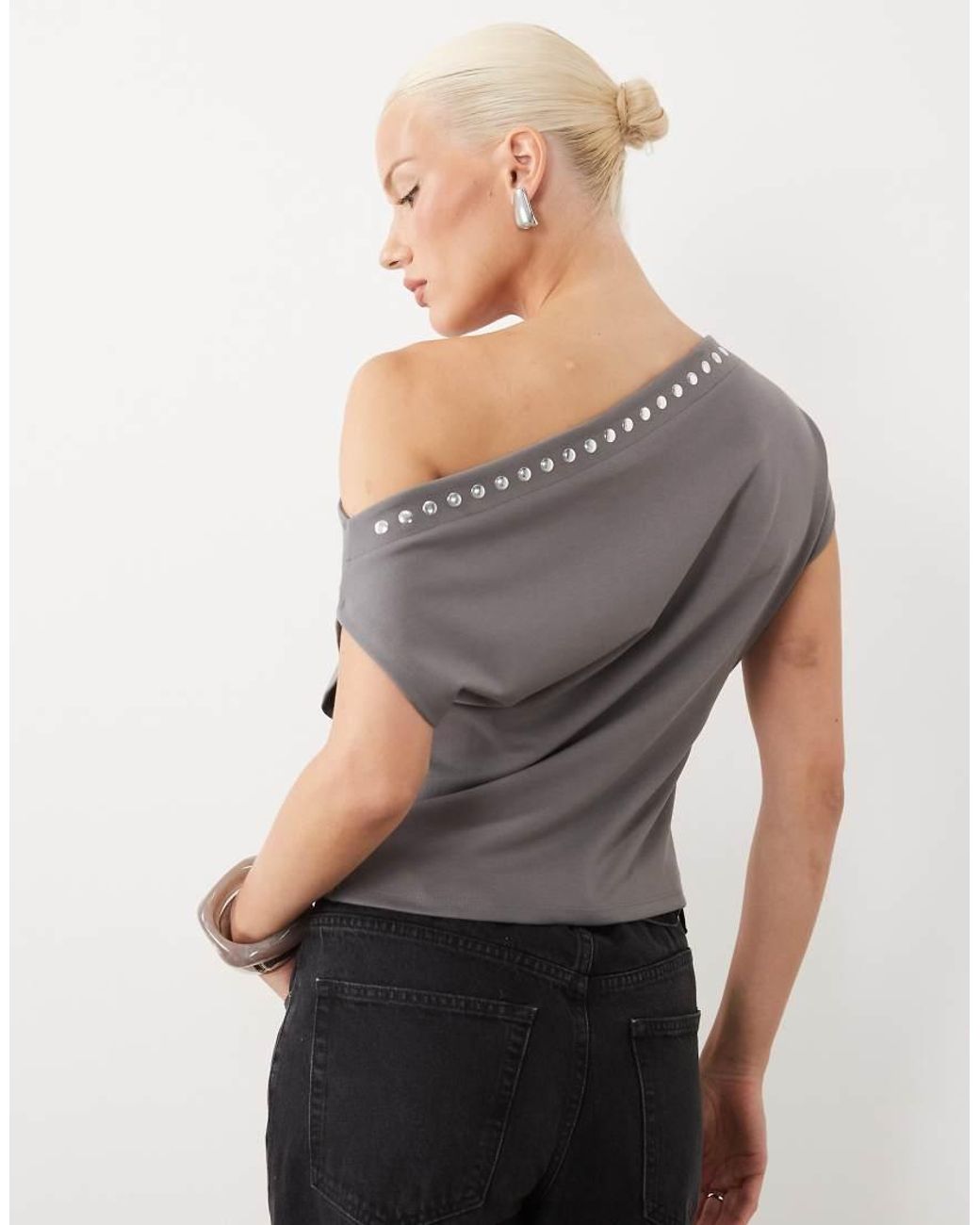 Gina Tricot Gray Off The Shoulder Short Sleeve Top With Studs