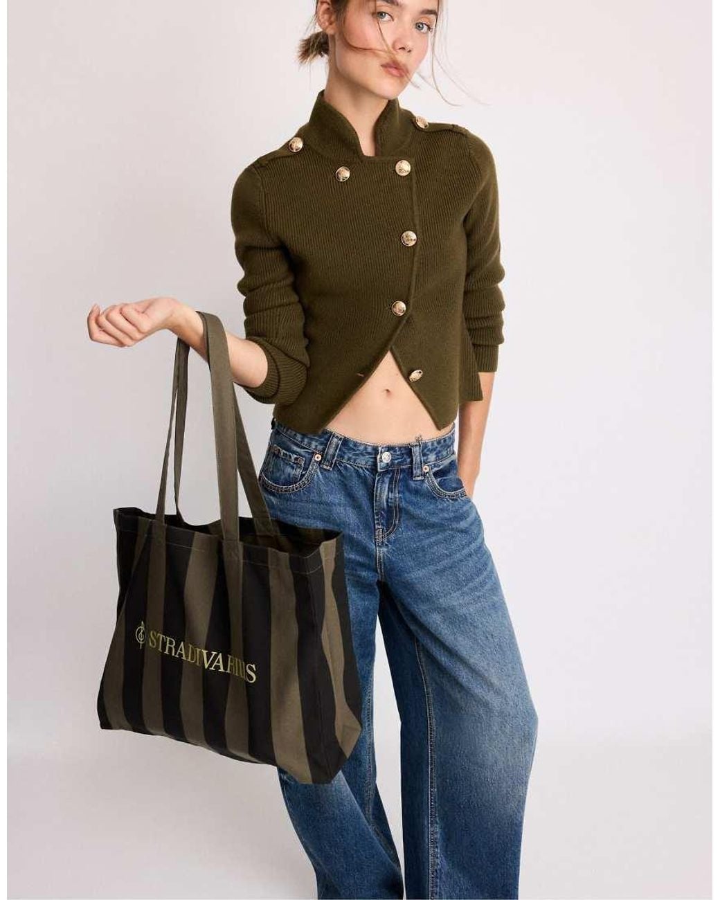 Stradivarius Black Striped Tote Bag