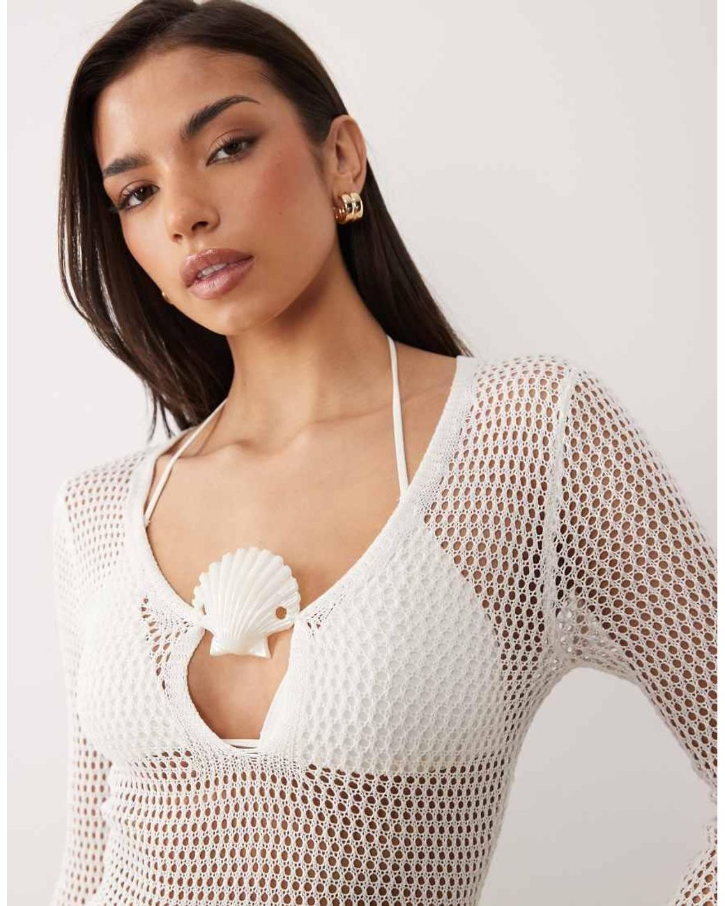 South Beach Natural Long Sleeve Crochet Maxi Dress