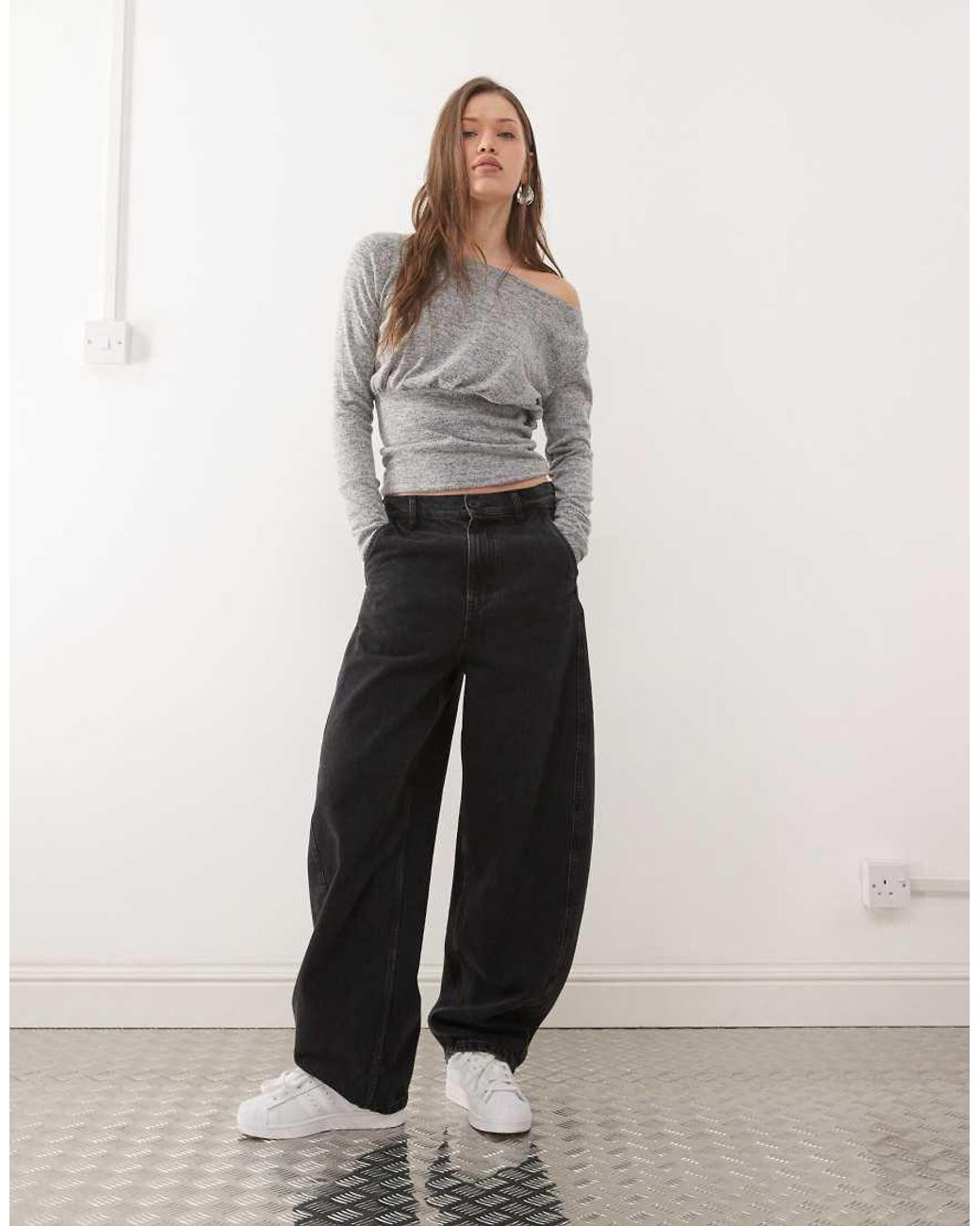 Collusion Gray Deep Hem Slash Neck Long Sleeve Top