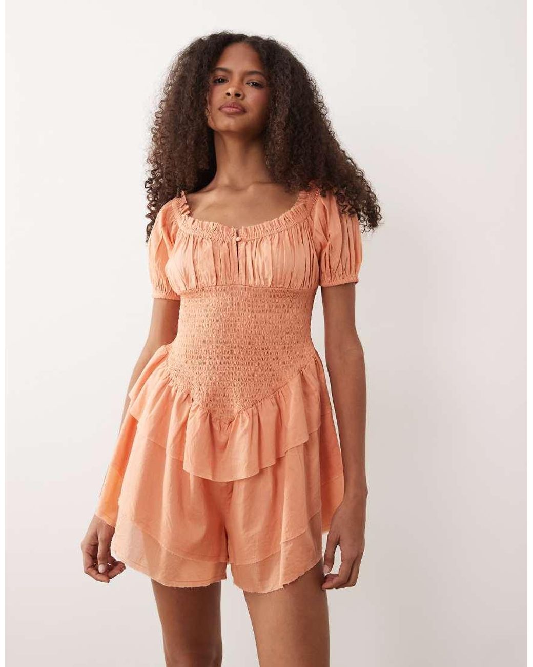 ASOS Pink Shirred Playsuit With Ruffle Shorts