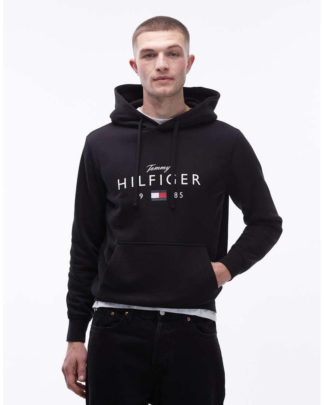 Tommy Hilfiger Blue Stacked Large Centre Logo Hoodie for men