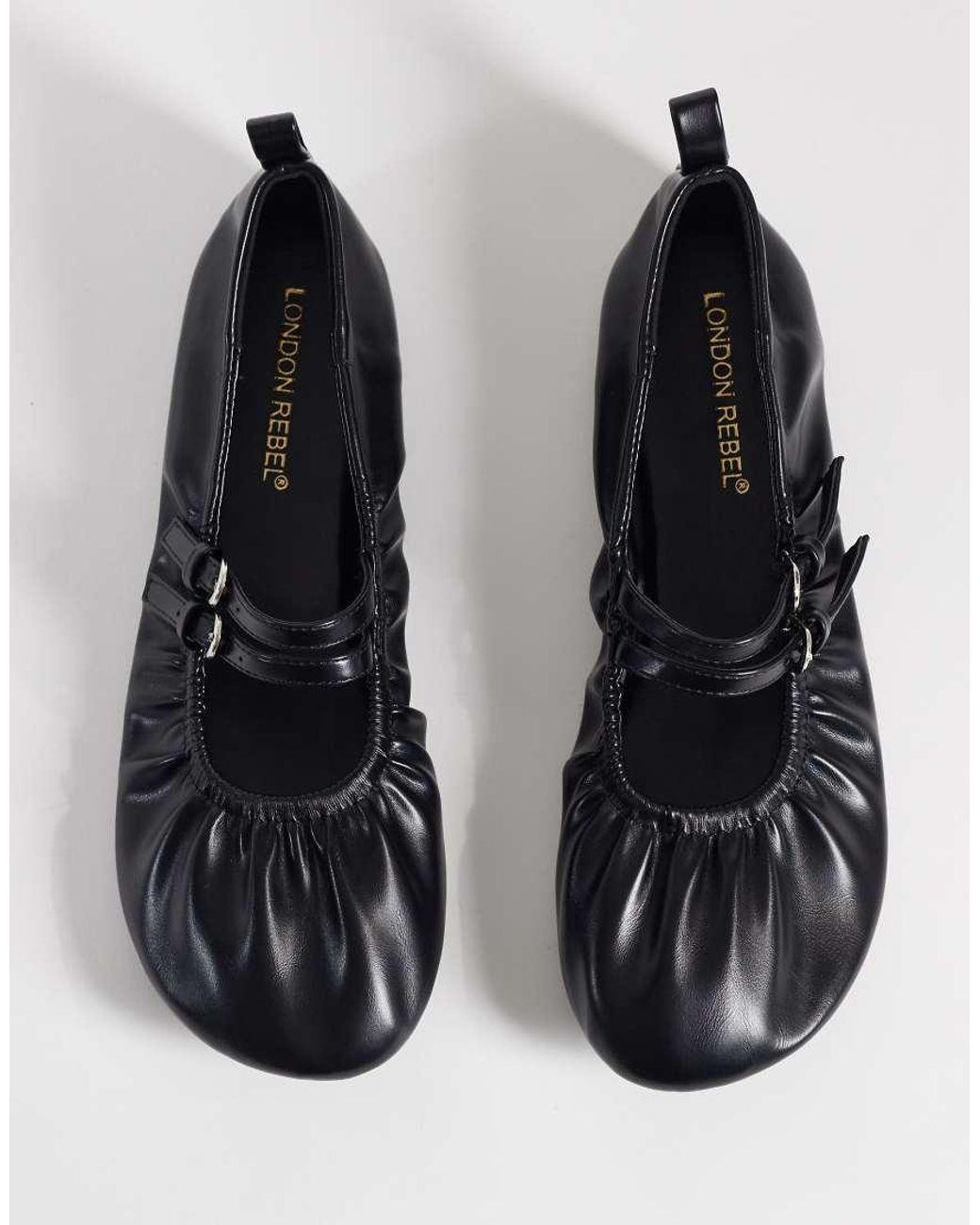 London Rebel Black Mia Strappy Ruched Ballet Flats