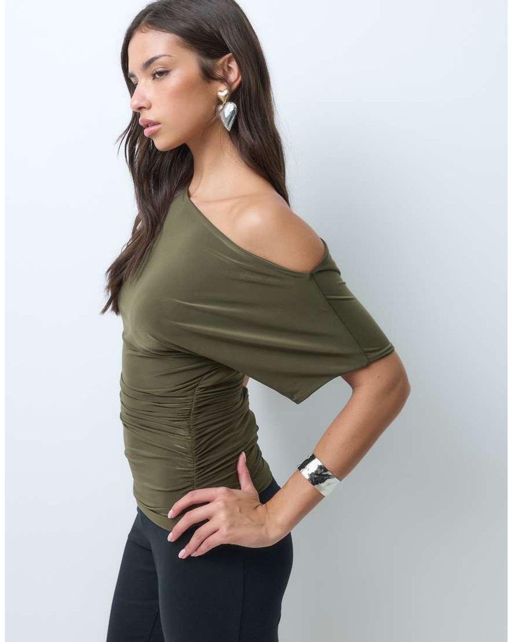 Kaiia Green Exclusive Double Sculpted Slinky Asymmetric Shoulder Ruched Side Detail Top Co-Ord