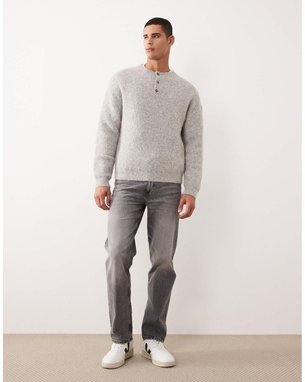 ASOS Gray Relaxed Knitted Wool Mix Henley Neck Jumper for men