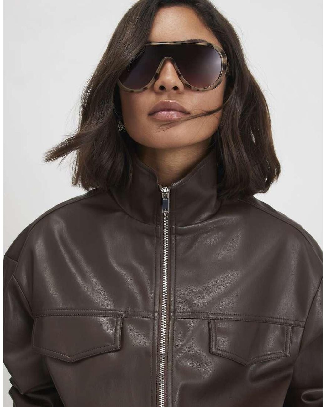 River Island Brown Faux Leather Drawstring Funnel Jacket