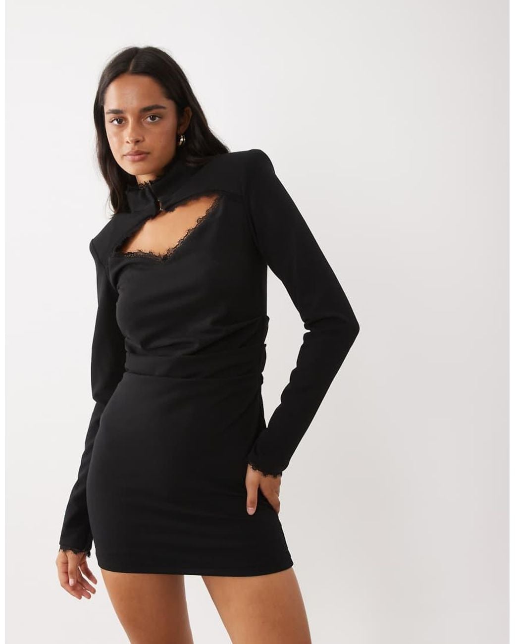 Ruched & Ready Black High Neck Lace Trim Shoulder Pad Mini Dress