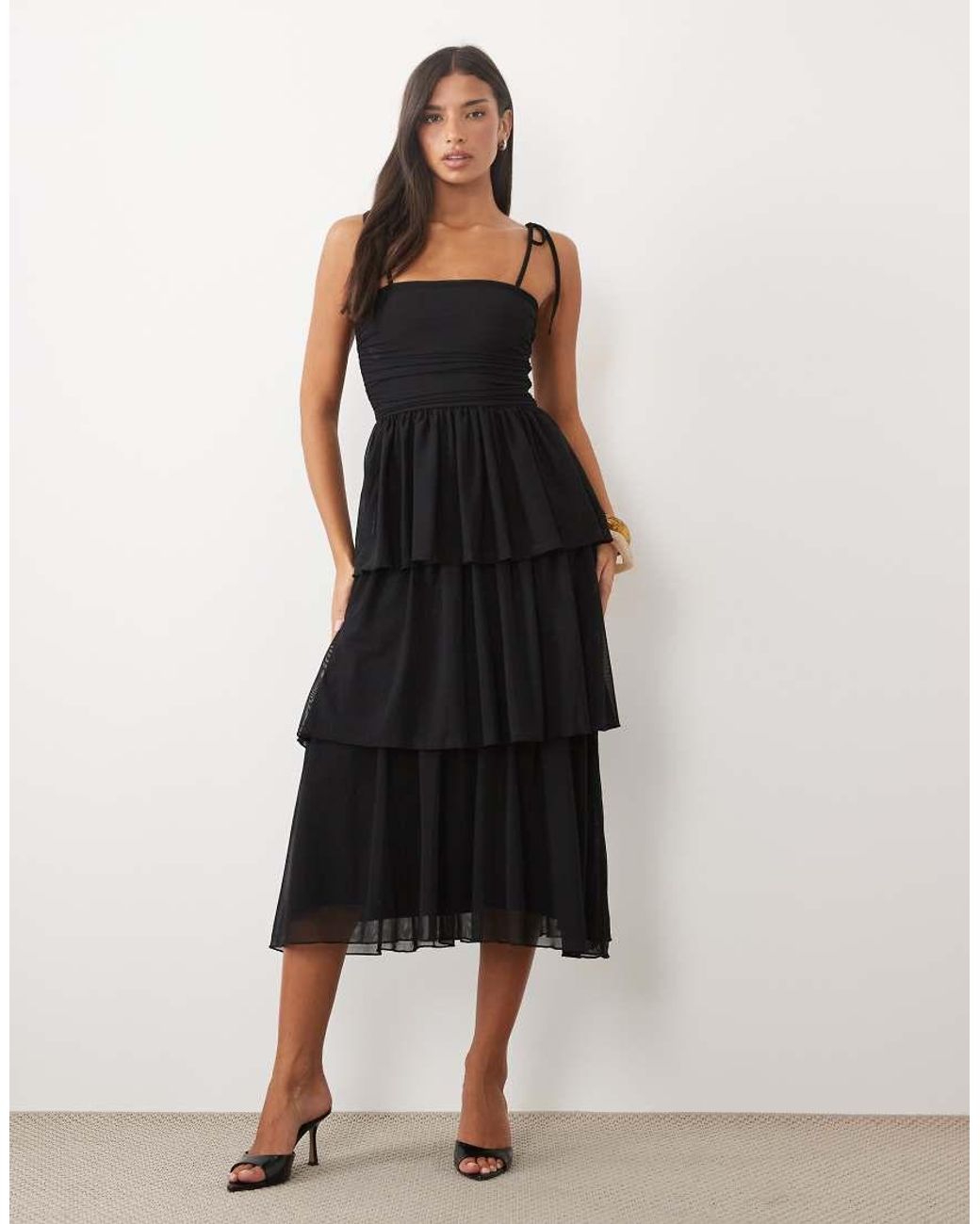 ASOS Black Tiered Mesh Midaxi Dress
