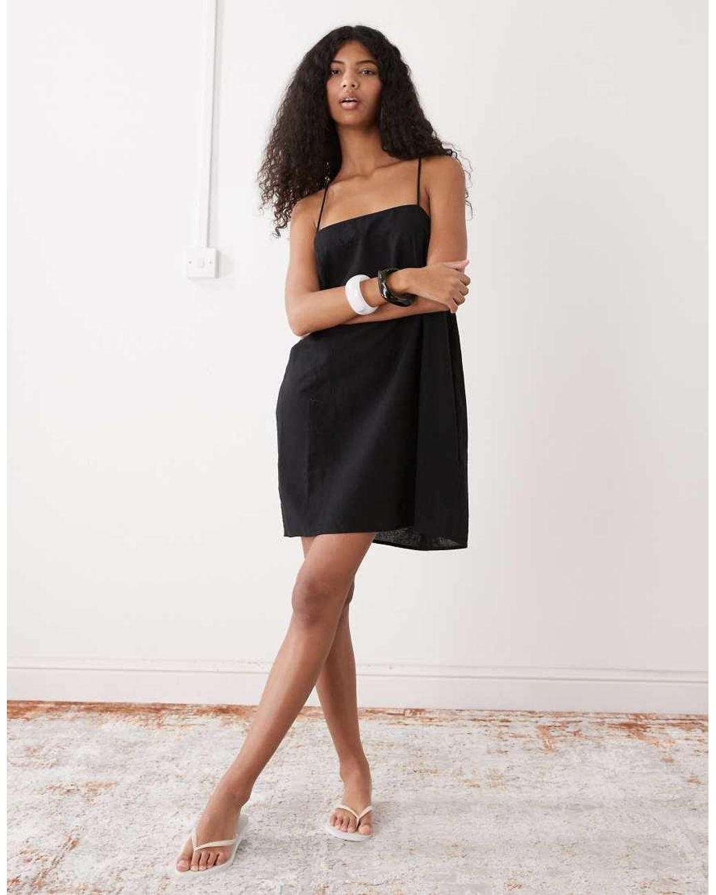 Monki Black Linen Blend Cami Mini Dress With Pockets