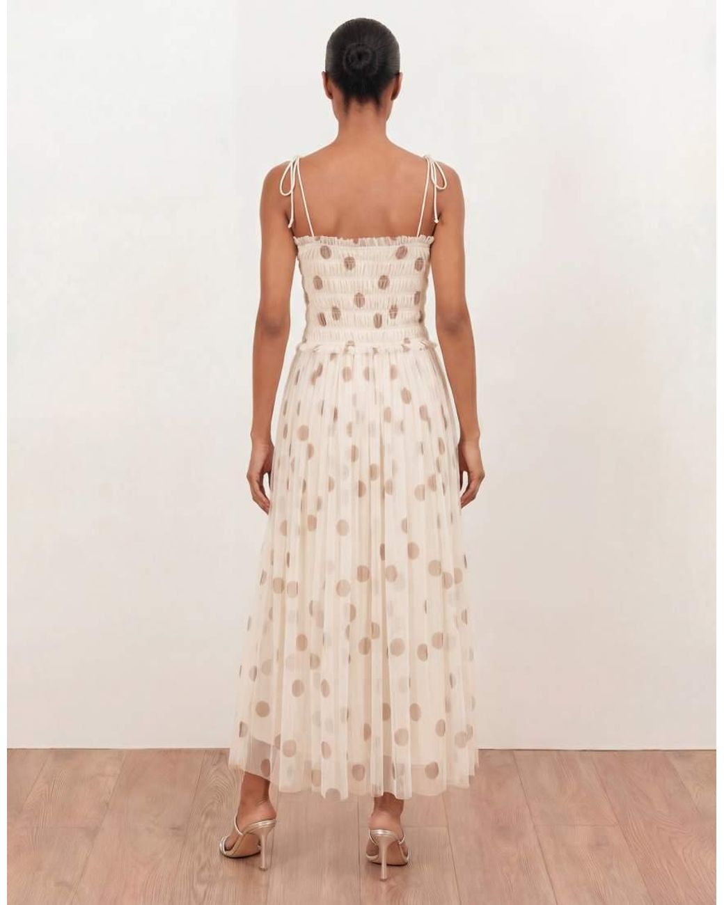 ANAYA Natural Polka Dot Shirred Self-Tie Cami Midi Dress
