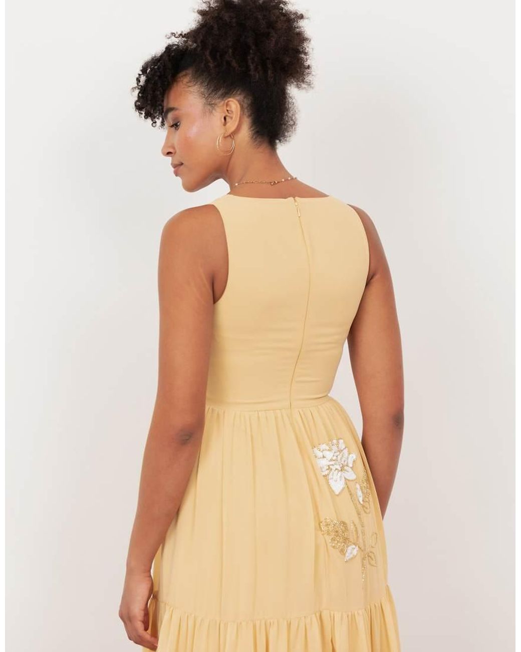 Maya Natural Floral Embellished V Neck Midaxi Dress