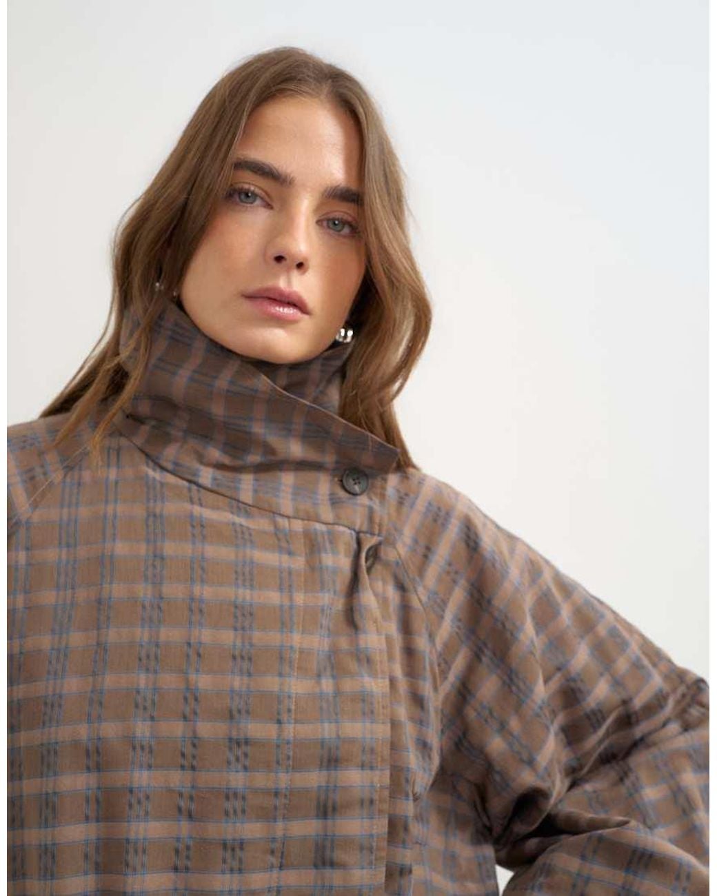 TOPSHOP Brown Set Check Funnel Neck Bomber
