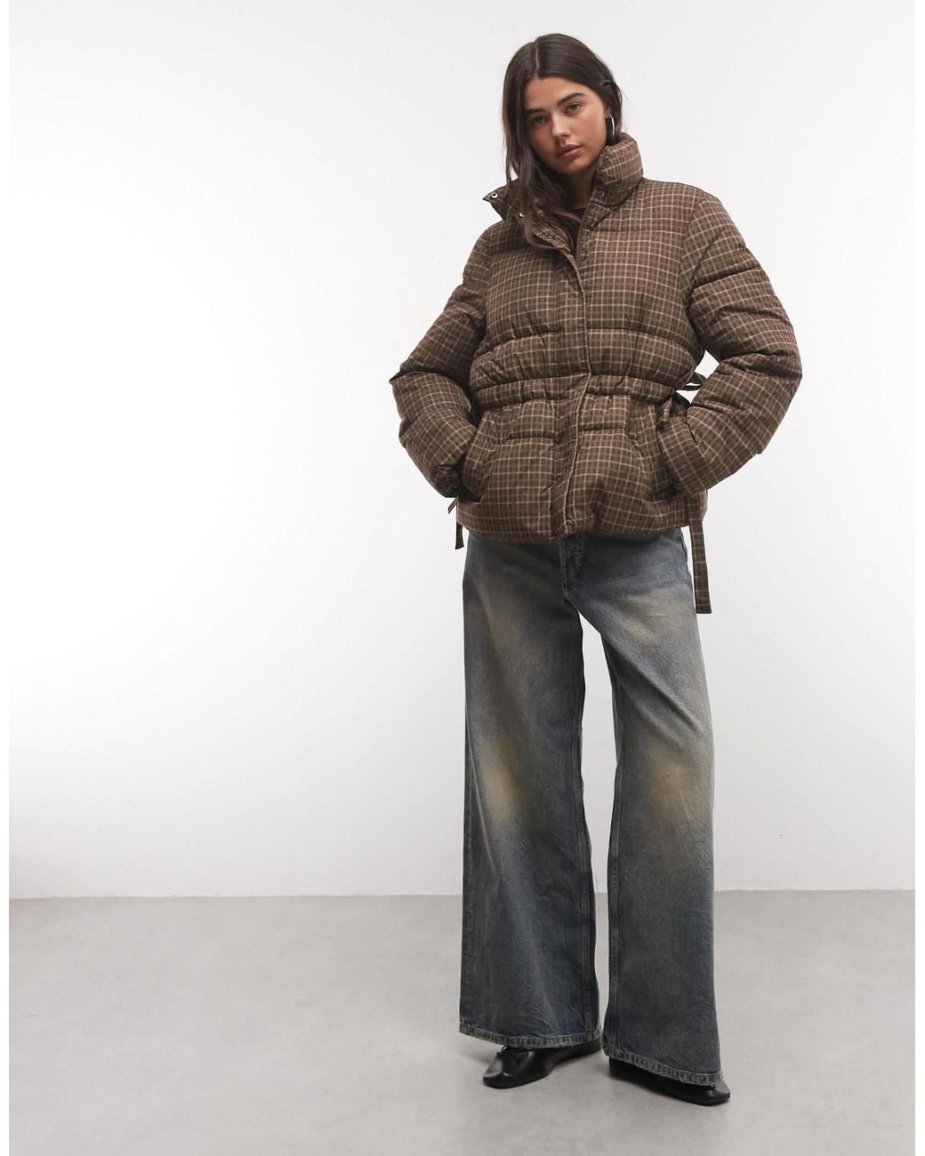 Collusion Brown Puffer Jacket With Bow Trim