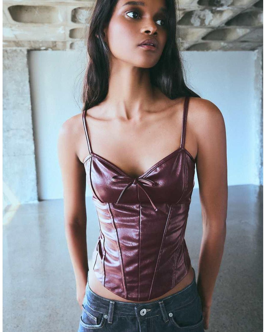 Bershka Blue Leather Effect Sweetheart Neckline Camisole Top