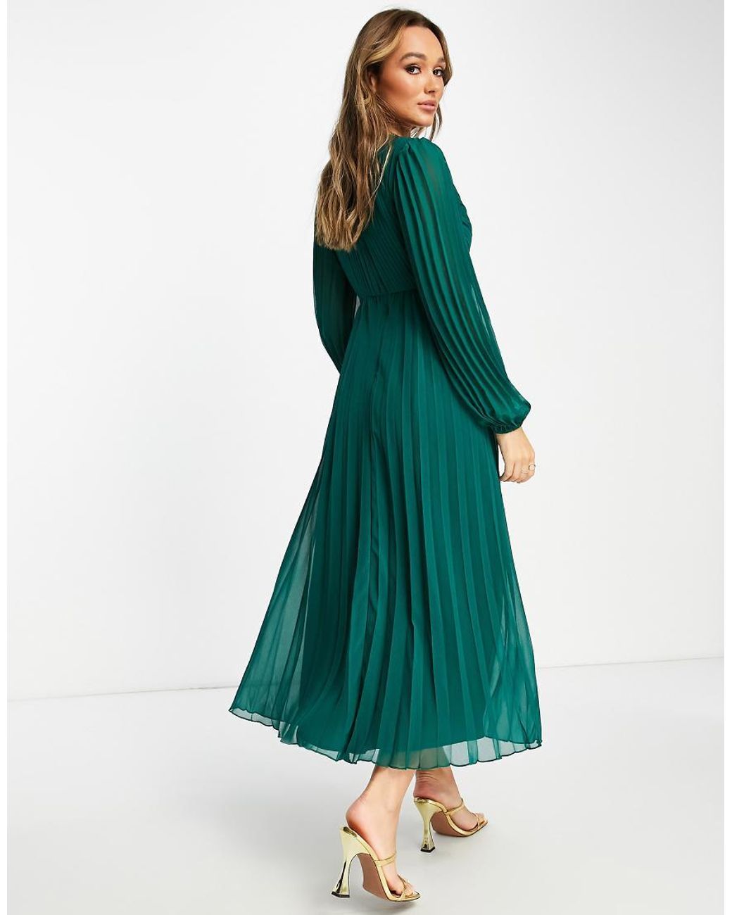 ASOS Green Pleated Bodice Plunge Neck Midi Dress