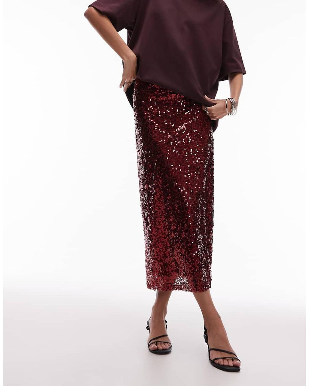 ASOS Red Sequin Midi Skirt