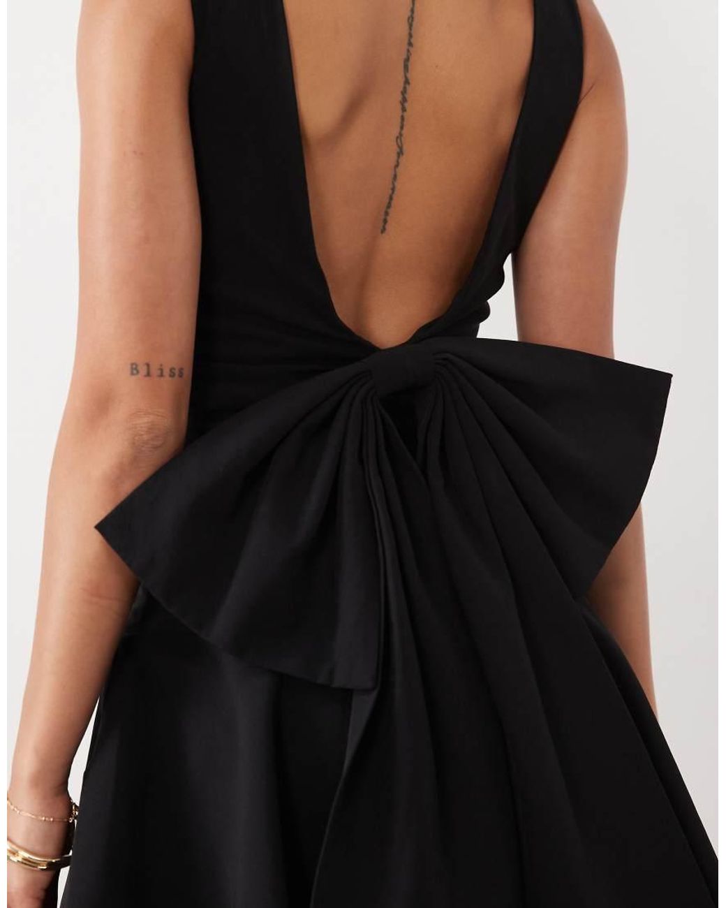 TFNC London Black Bengaline V Back Bow Detail Skater Mini Dress