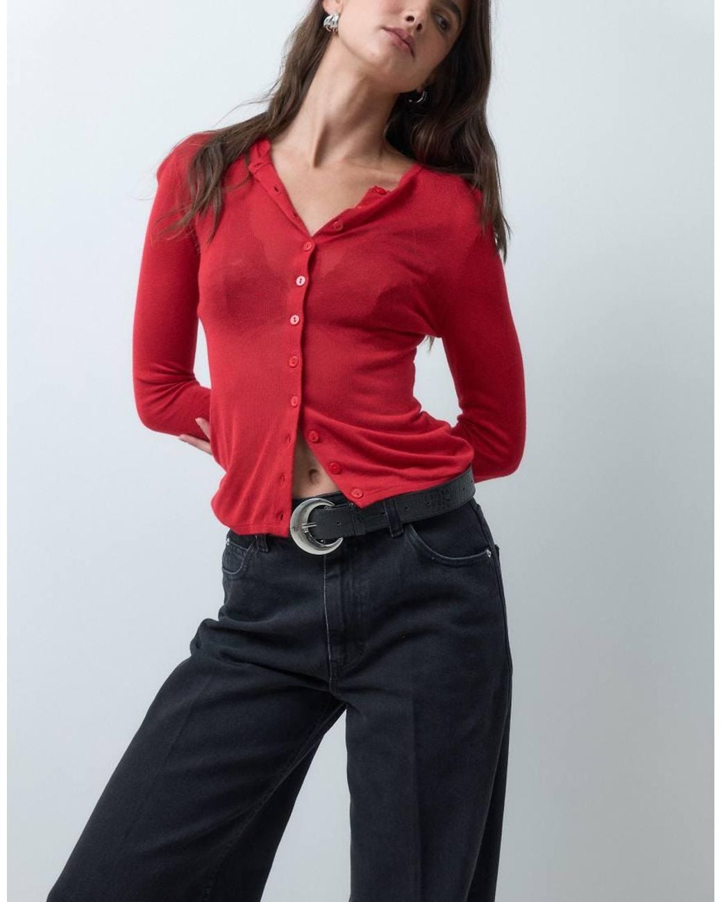 ASOS Red Wide Leg Jean With Crease Front And Belt