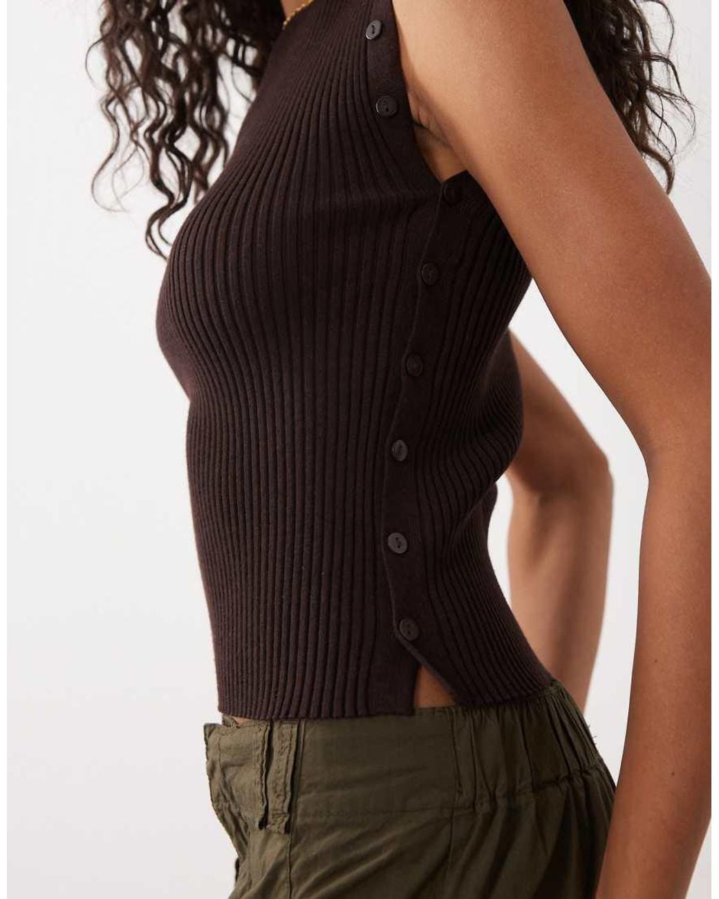 Mango Brown Ribbed Boat Neck Sleeveless Top