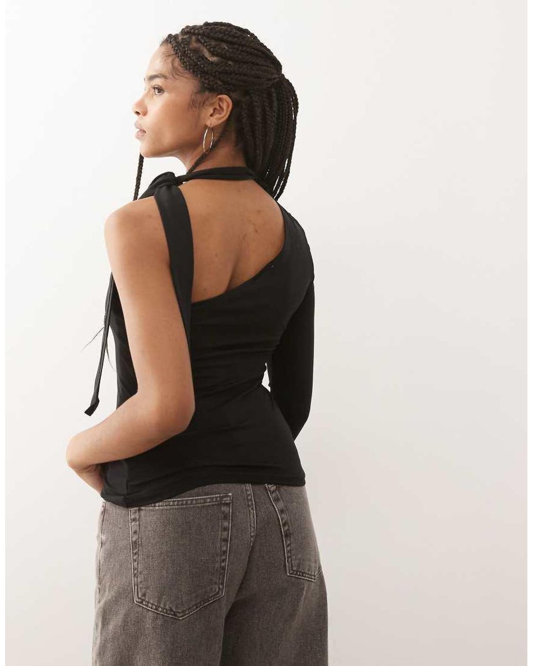 Weekday Black One Shoulder Halter Neck Long Sleeve Top