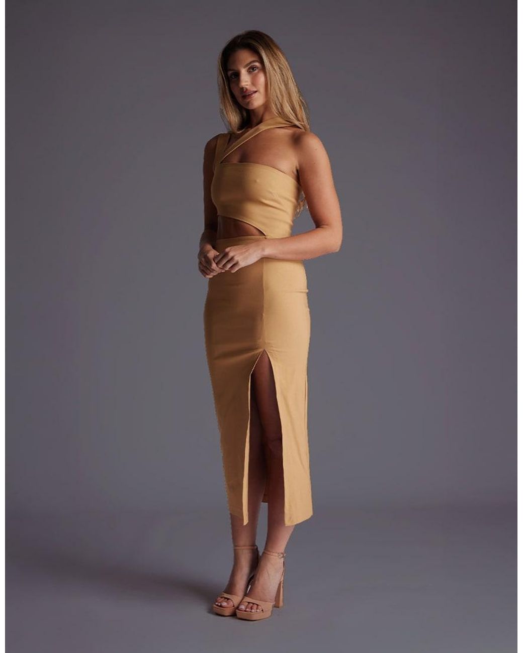 Vesper Gray Asymmetric Neckline Midaxi Dress With Cut Outs
