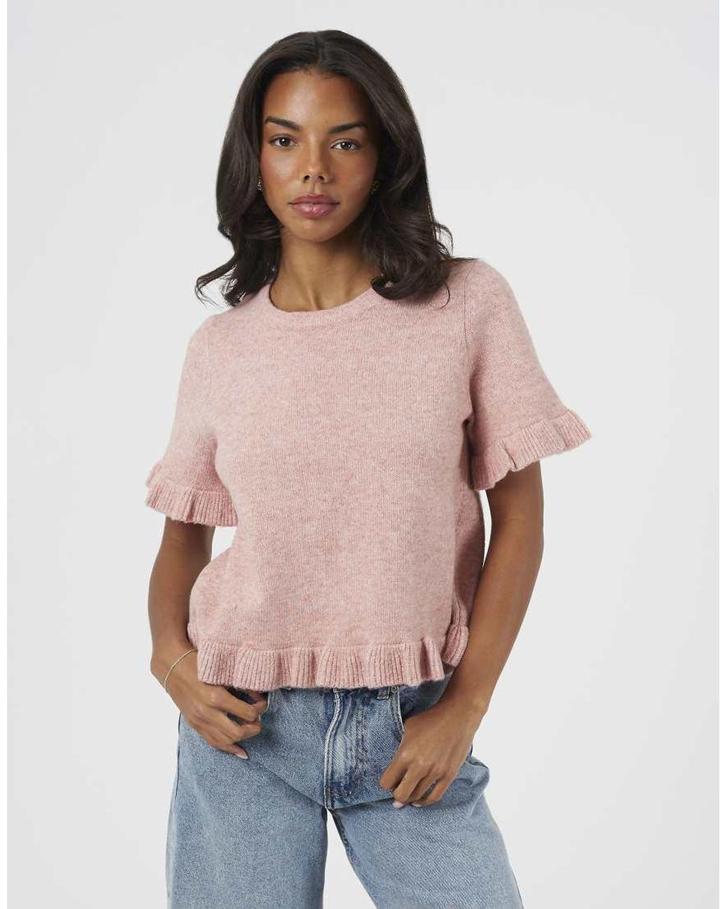 Brave Soul Gray Short Sleeve Knitted T-Shirt With Frill Detail