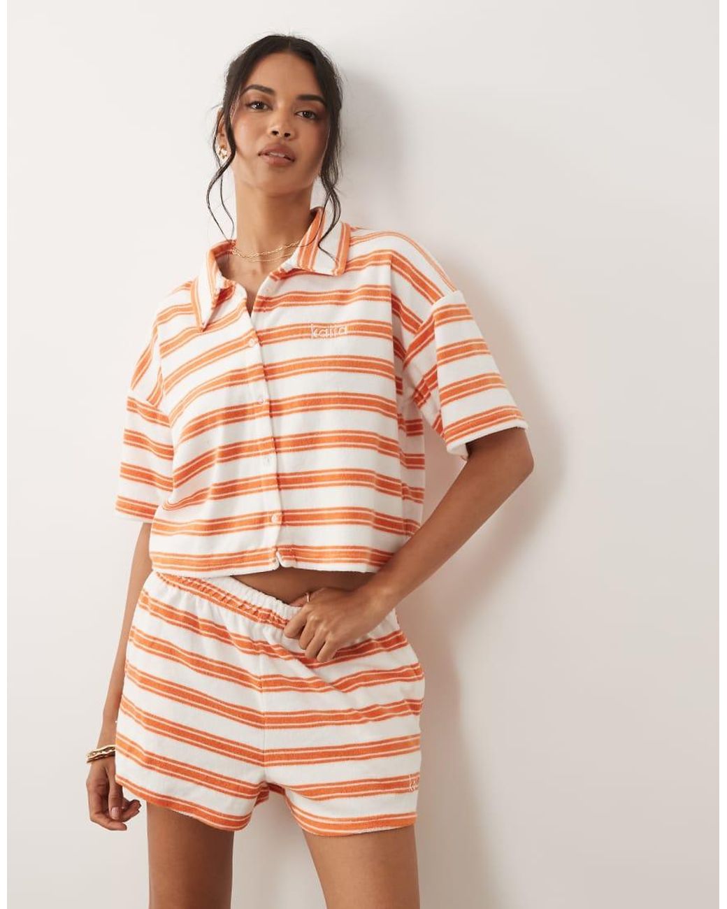 Kaiia Pink Cotton Rich Towelling Collared Button Through Polo Top Co-ord
