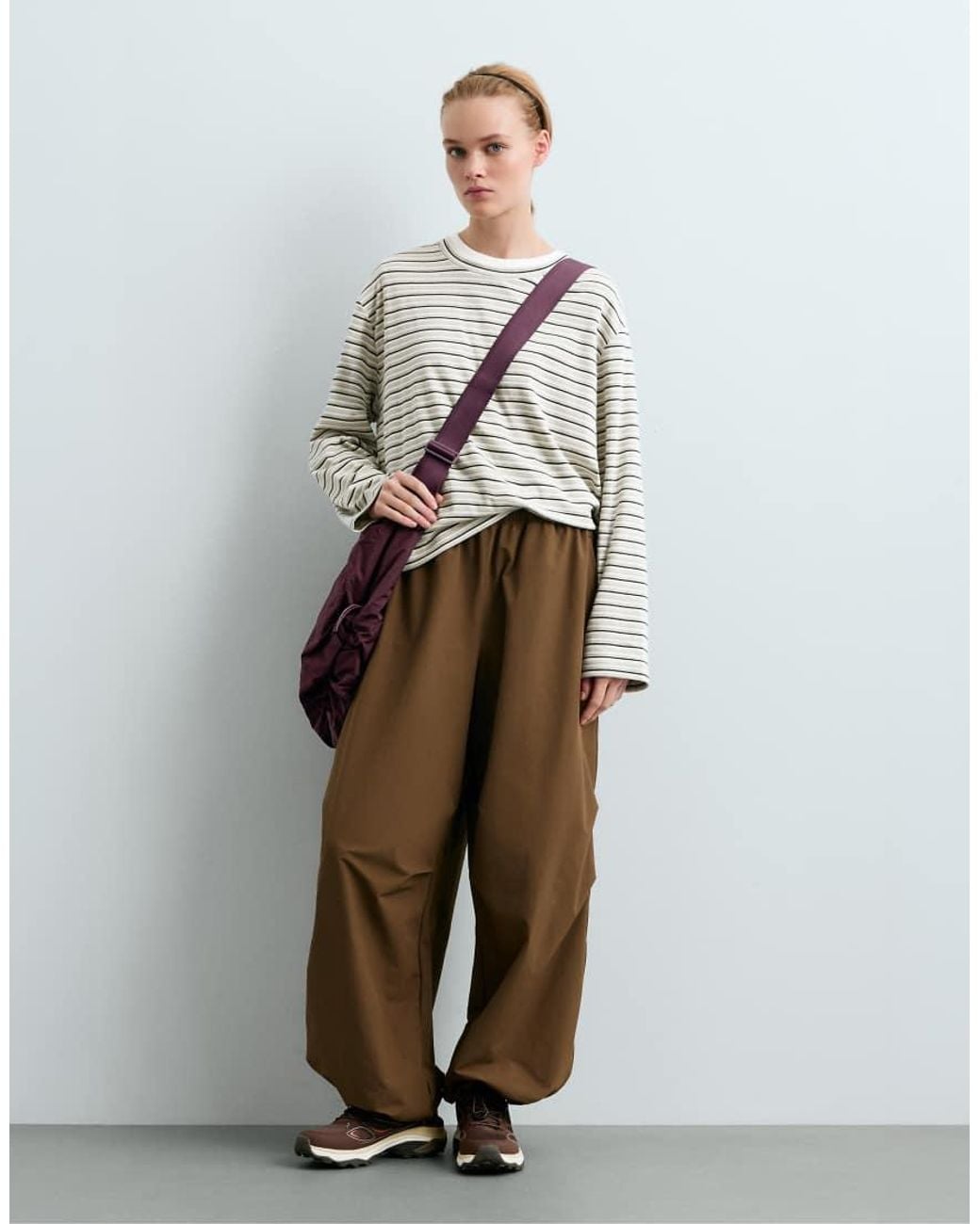 Oysho Gray Cotton Blend T-Shirt With Long Sleeve And Stripes