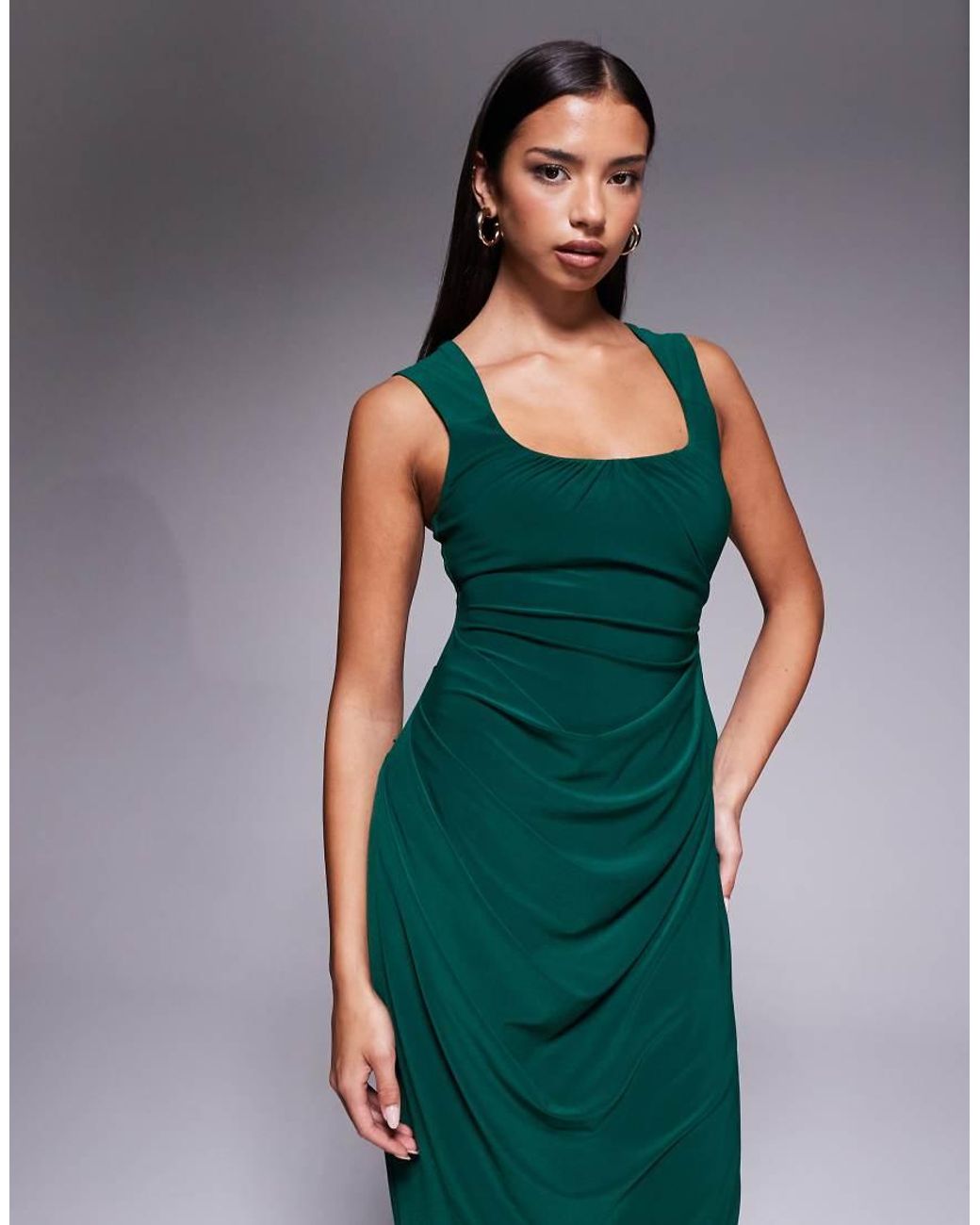 ASOS Green Shaped Neckline Wide Strap With Draped Skirt Midi Dress